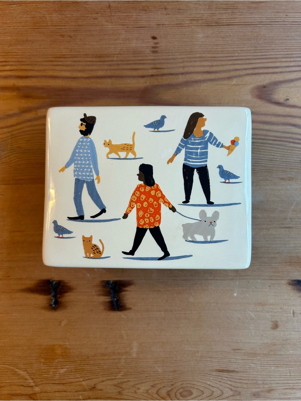 Ceramic Danica Studios Jewelry Box with Walking People Illustration - White Blue